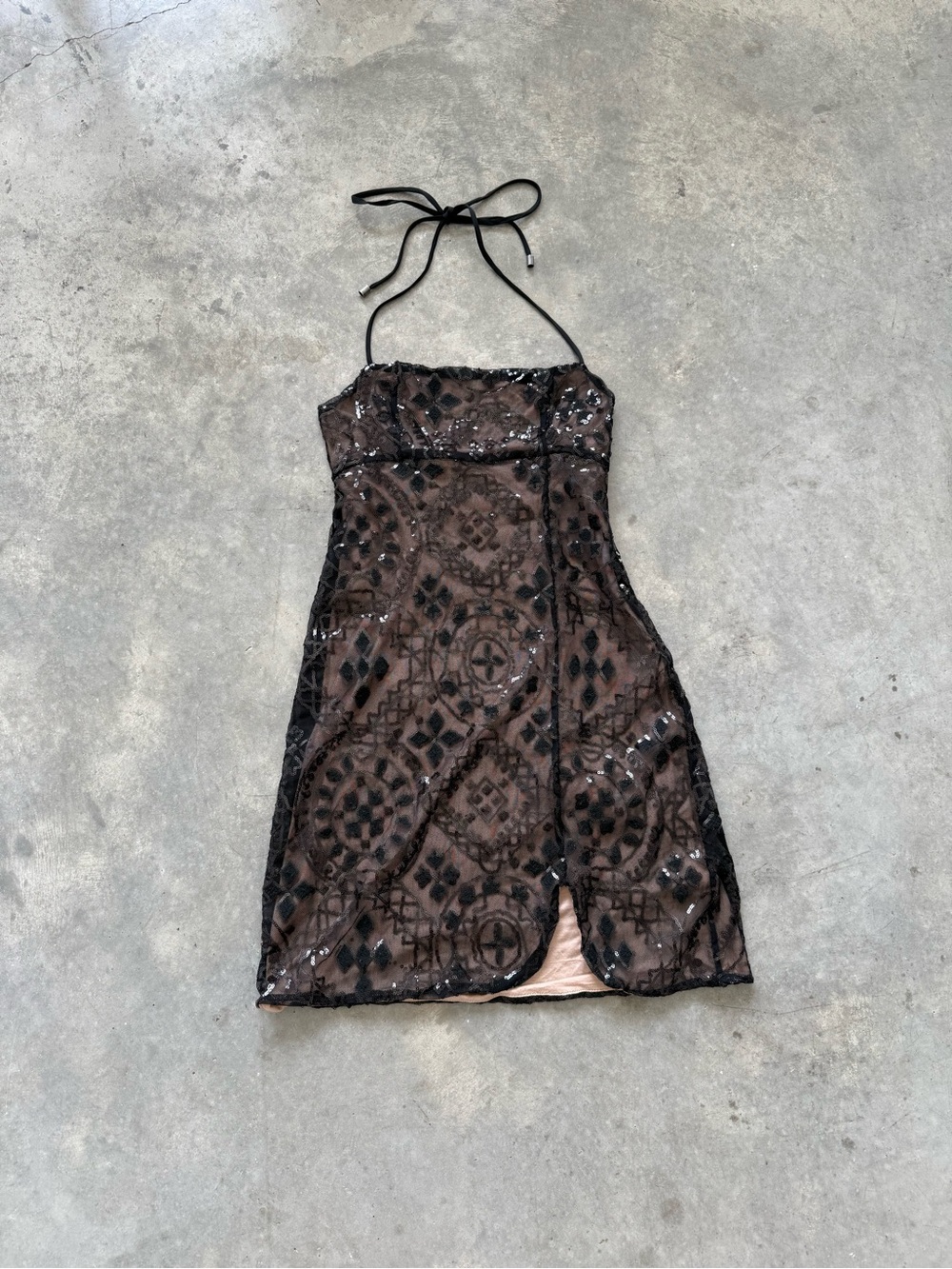 Free People Black Beaded Halter Mini Dress with Nude Underlayer